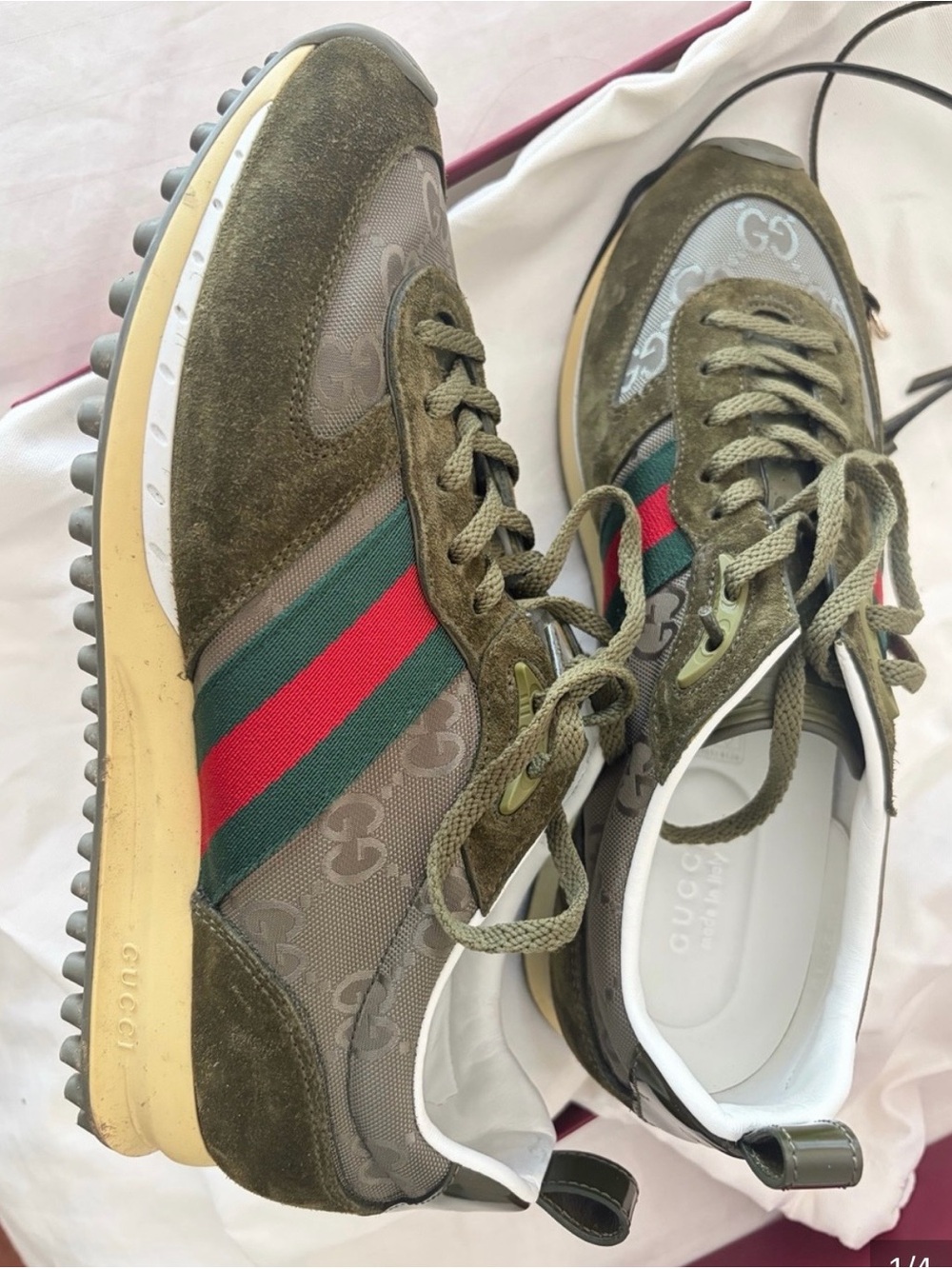 Gucci Olive Green Suede & Canvas Runner with Web Stripe